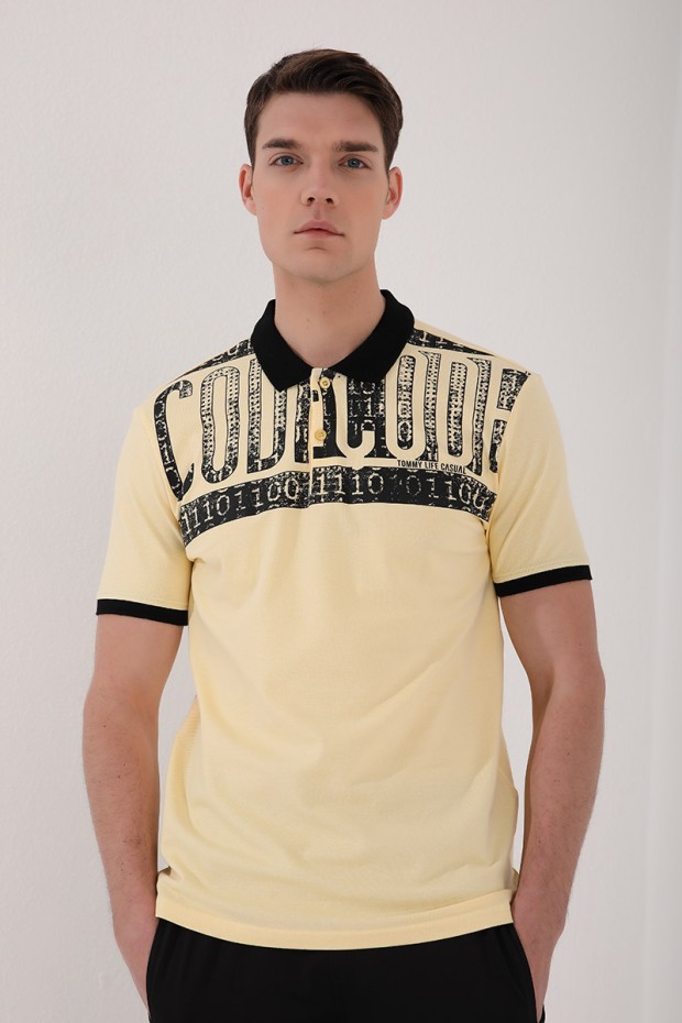 Tommy Life Sarı Eskitme Yazı Baskılı Standart Kalıp Polo Yaka Erkek T-Shirt - 87929. 5