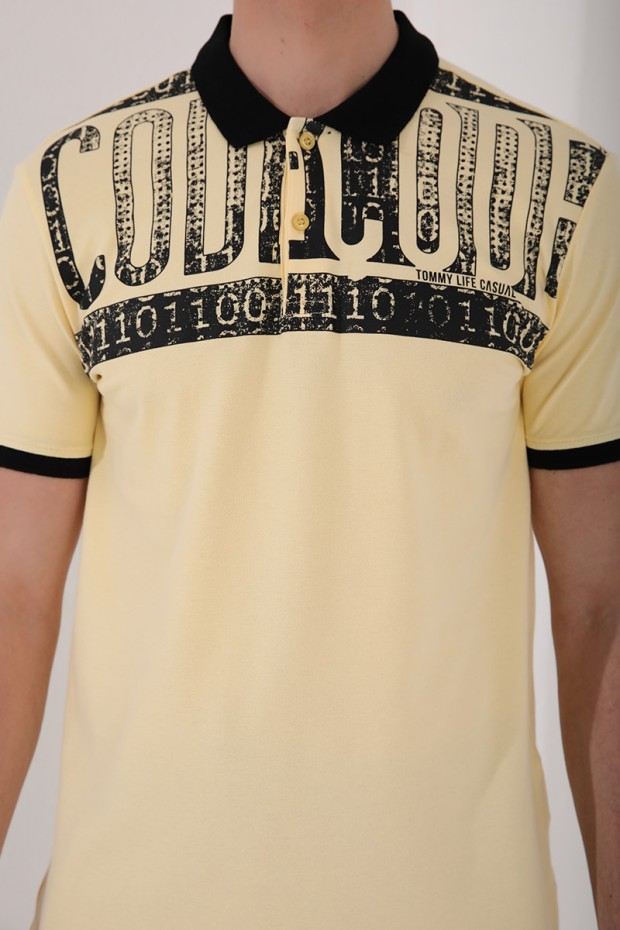 Tommy Life Sarı Eskitme Yazı Baskılı Standart Kalıp Polo Yaka Erkek T-Shirt - 87929. 7