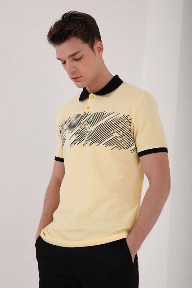 Tommy Life Sarı Sayı Detaylı Çizgi Baskılı Standart Kalıp Polo Yaka Erkek T-Shirt - 87955. 9