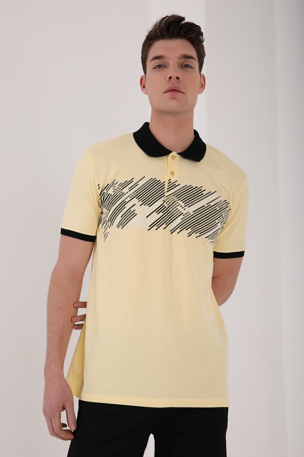 Tommy Life Sarı Sayı Detaylı Çizgi Baskılı Standart Kalıp Polo Yaka Erkek T-Shirt - 87955. 3