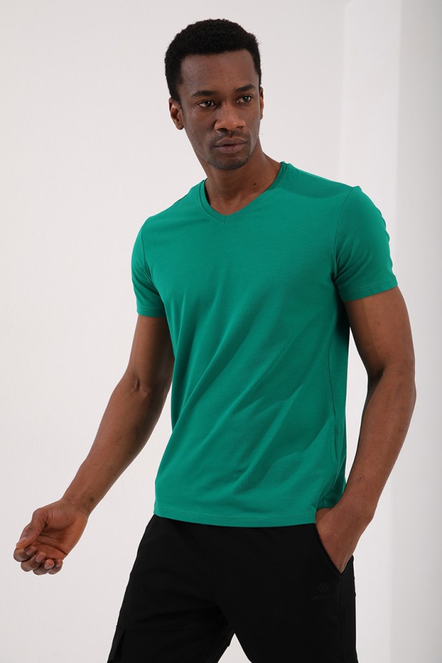 Tommy Life Koyu Yeşil Basic Kısa Kol Standart Kalıp V Yaka Erkek T-Shirt - 87912. 3