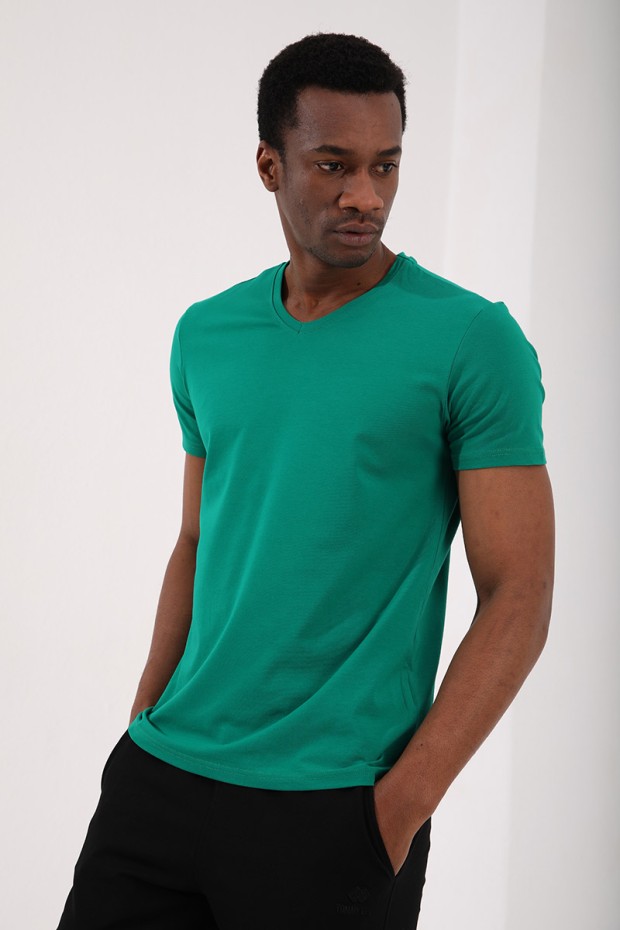 Tommy Life Koyu Yeşil Basic Kısa Kol Standart Kalıp V Yaka Erkek T-Shirt - 87912. 1