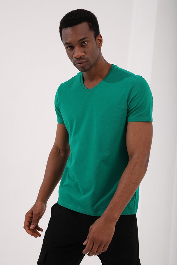 Tommy Life Koyu Yeşil Basic Kısa Kol Standart Kalıp V Yaka Erkek T-Shirt - 87912. 7
