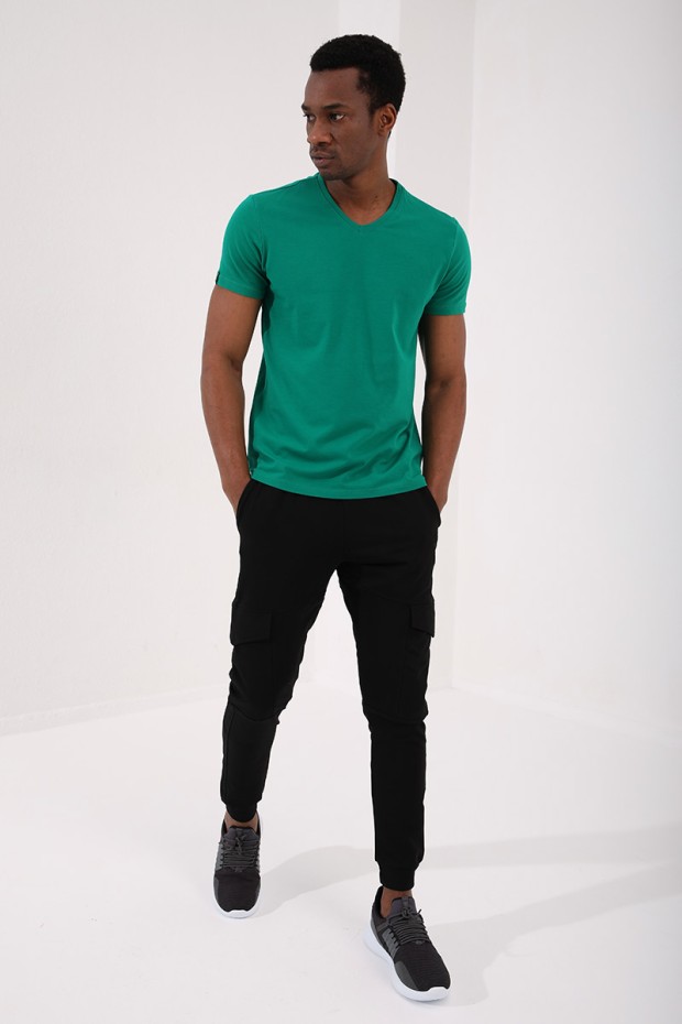 Tommy Life Koyu Yeşil Basic Kısa Kol Standart Kalıp V Yaka Erkek T-Shirt - 87912. 6