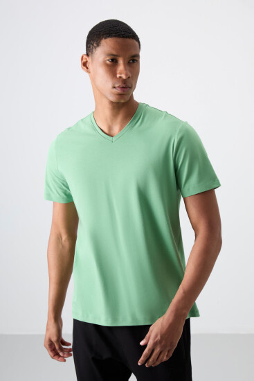 Pastel Yeşil Basic Kısa Kol Standart Kalıp V Yaka Erkek T-Shirt - 87912 