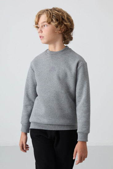 Gri Melanj Pamuklu Kalın İçi Tüylü Standart Fit Nakışlı Erkek Çocuk Sweatshirt - 11232 