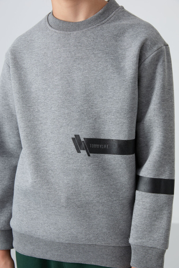 Gri Melanj Pamuklu Kalın İçi Tüylü Standart Fit Baskılı Erkek Çocuk Sweatshirt - 11238 - 2