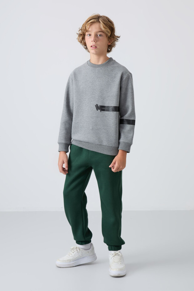 Gri Melanj Pamuklu Kalın İçi Tüylü Standart Fit Baskılı Erkek Çocuk Sweatshirt - 11238 - 3