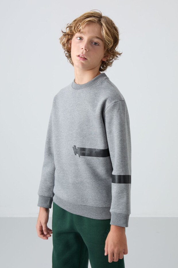 Gri Melanj Pamuklu Kalın İçi Tüylü Standart Fit Baskılı Erkek Çocuk Sweatshirt - 11238 - 4