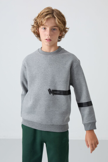 Gri Melanj Pamuklu Kalın İçi Tüylü Standart Fit Baskılı Erkek Çocuk Sweatshirt - 11238 