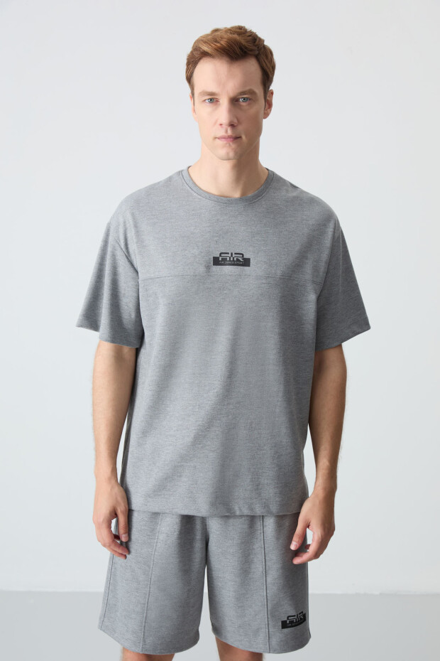 Gri Melanj Pamuklu Kalın Yumuşak Dokulu Oversize Fit Basic Erkek Şort Takım - 85259 - 3