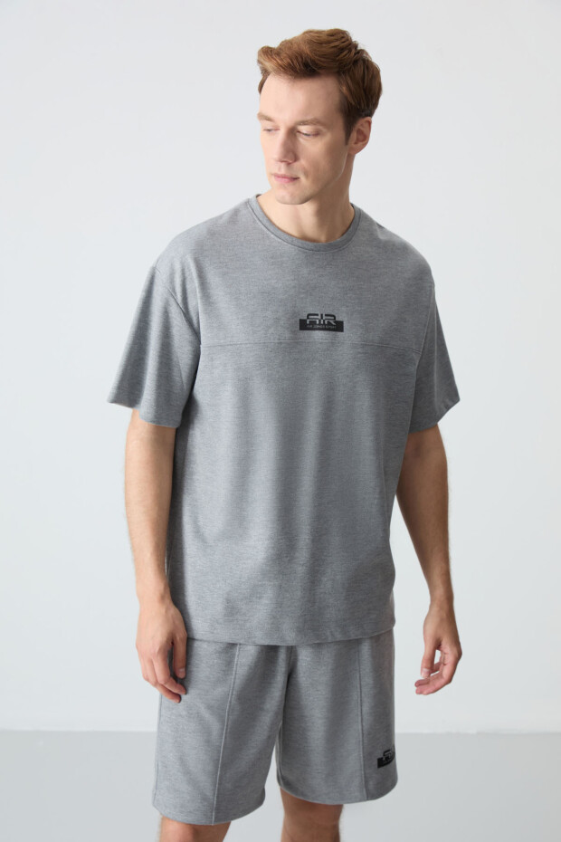 Gri Melanj Pamuklu Kalın Yumuşak Dokulu Oversize Fit Basic Erkek Şort Takım - 85259 - 6