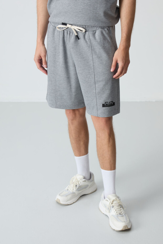 Gri Melanj Pamuklu Kalın Yumuşak Dokulu Oversize Fit Basic Erkek Şort Takım - 85259 - 2