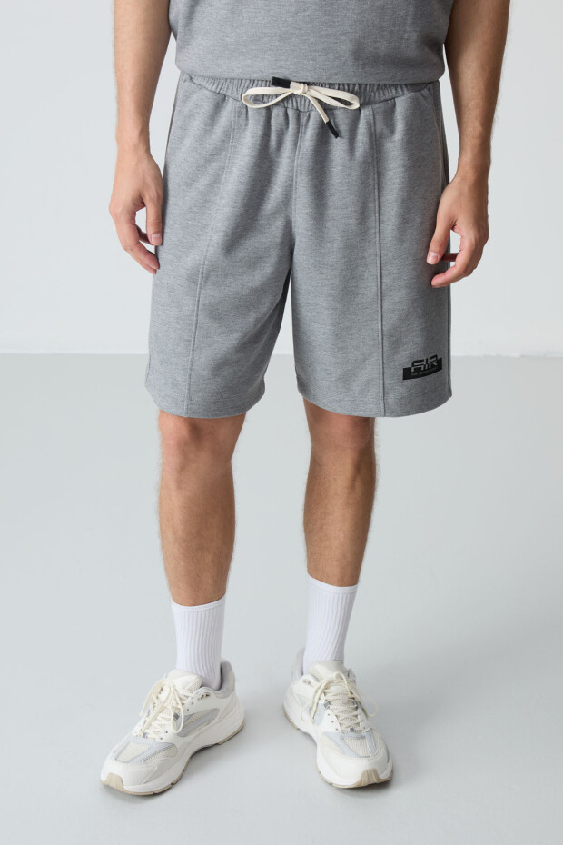 Gri Melanj Pamuklu Kalın Yumuşak Dokulu Oversize Fit Basic Erkek Şort Takım - 85259 - 7