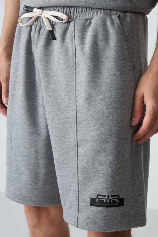 Gri Melanj Pamuklu Kalın Yumuşak Dokulu Oversize Fit Basic Erkek Şort Takım - 85259 - 4