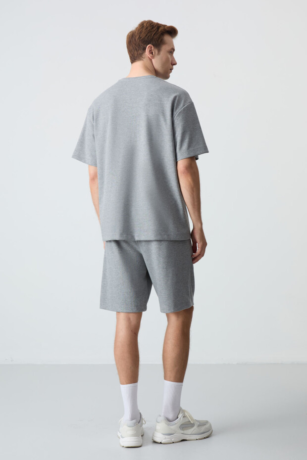 Gri Melanj Pamuklu Kalın Yumuşak Dokulu Oversize Fit Basic Erkek Şort Takım - 85259 - 8