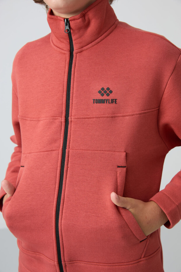 Kiremit Pamuklu Kalın İçi Tüylü Yumuşak Dokulu Standart Fit Nakışlı Erkek Çocuk Sweatshirt - 11245 - 3