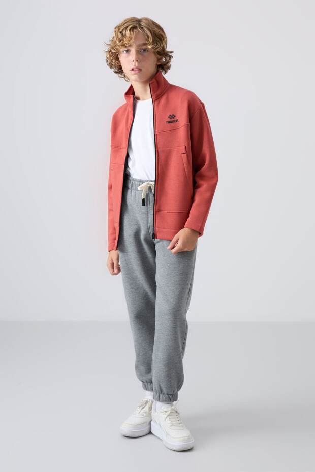 Kiremit Pamuklu Kalın İçi Tüylü Yumuşak Dokulu Standart Fit Nakışlı Erkek Çocuk Sweatshirt - 11245 - 2