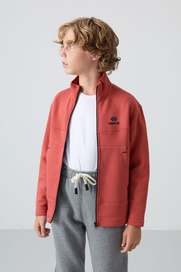 Kiremit Pamuklu Kalın İçi Tüylü Yumuşak Dokulu Standart Fit Nakışlı Erkek Çocuk Sweatshirt - 11245 - 1