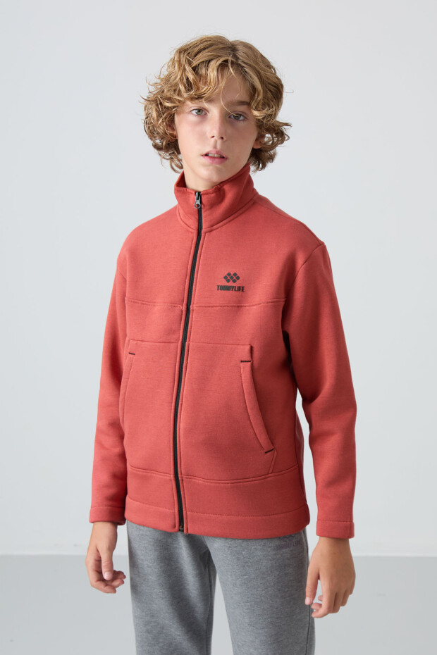 Kiremit Pamuklu Kalın İçi Tüylü Yumuşak Dokulu Standart Fit Nakışlı Erkek Çocuk Sweatshirt - 11245 - 4