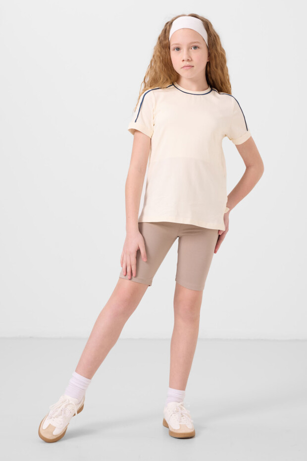 Koyu Bej Pamuklu Kısa Paça Standart Fit Basic Kız Çocuk Tayt - 75188 - 2