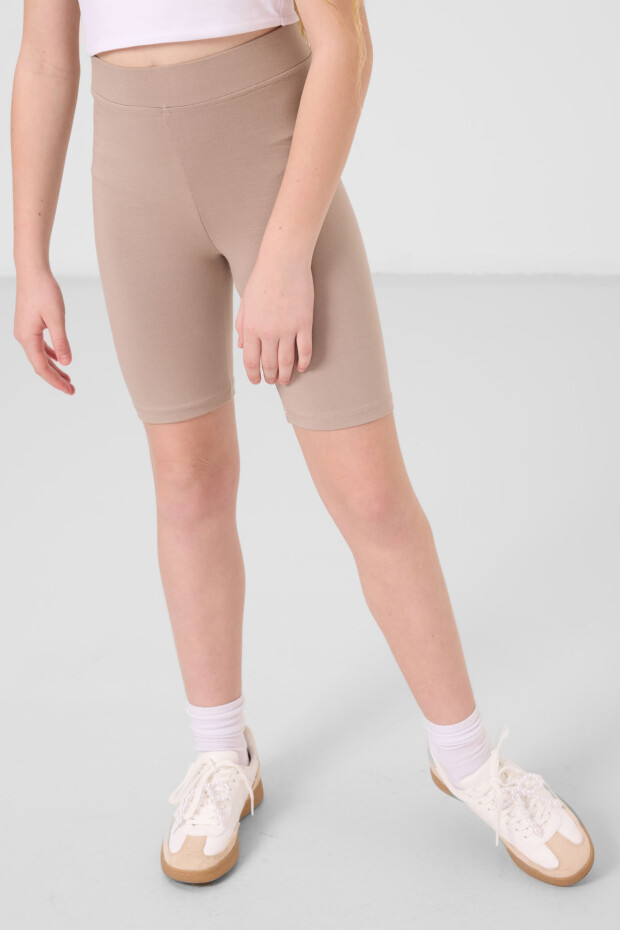 Koyu Bej Pamuklu Kısa Paça Standart Fit Basic Kız Çocuk Tayt - 75188 - 3