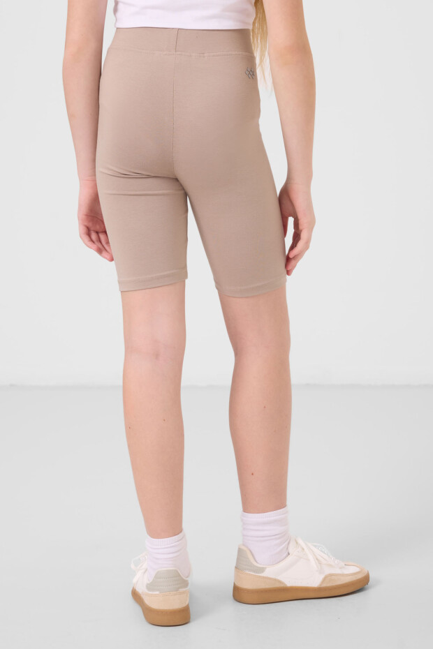 Koyu Bej Pamuklu Kısa Paça Standart Fit Basic Kız Çocuk Tayt - 75188 - 5
