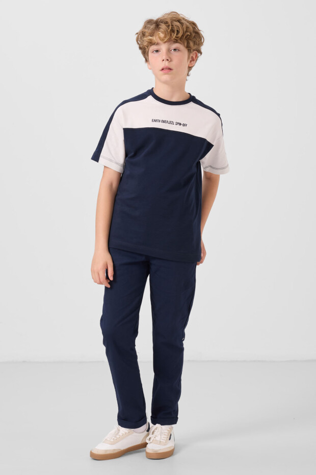 Lacivert Standart Fit Dokuma Hafif Esnek Chino Erkek Çocuk Pantolon - 11272 - 1