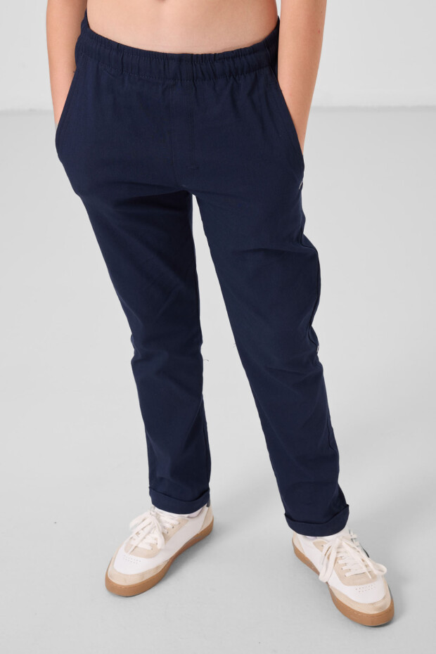 Lacivert Standart Fit Dokuma Hafif Esnek Chino Erkek Çocuk Pantolon - 11272 - 3