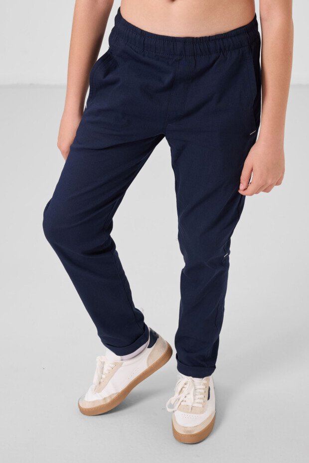 Lacivert Standart Fit Dokuma Hafif Esnek Chino Erkek Çocuk Pantolon - 11272 - 4