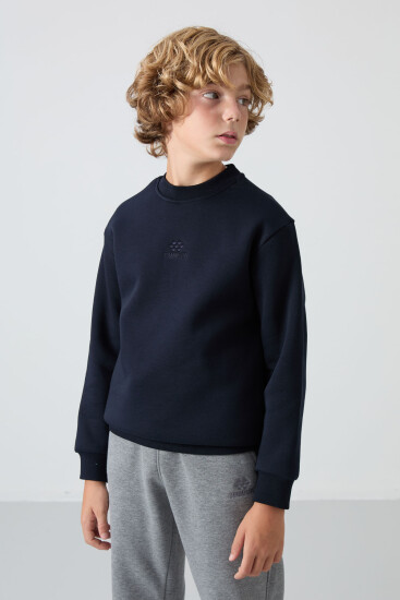 Lacivert Pamuklu Kalın İçi Tüylü Yumuşak Dokulu Standart Fit Nakışlı Erkek Çocuk Sweatshirt - 11232 