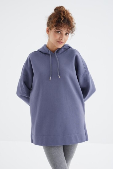 Açık Eflatun Reglan Kol Basic Kapüşonlu Oversize Sweatshirt Tunik - 97242 