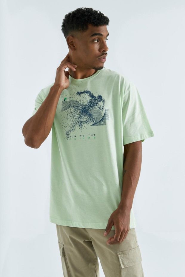 Tommy Life Açık Yeşil Baskı Detaylı O Yaka Erkek Oversize T-Shirt - 88093. 1