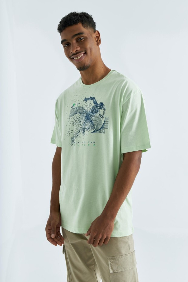 Tommy Life Açık Yeşil Baskı Detaylı O Yaka Erkek Oversize T-Shirt - 88093. 2