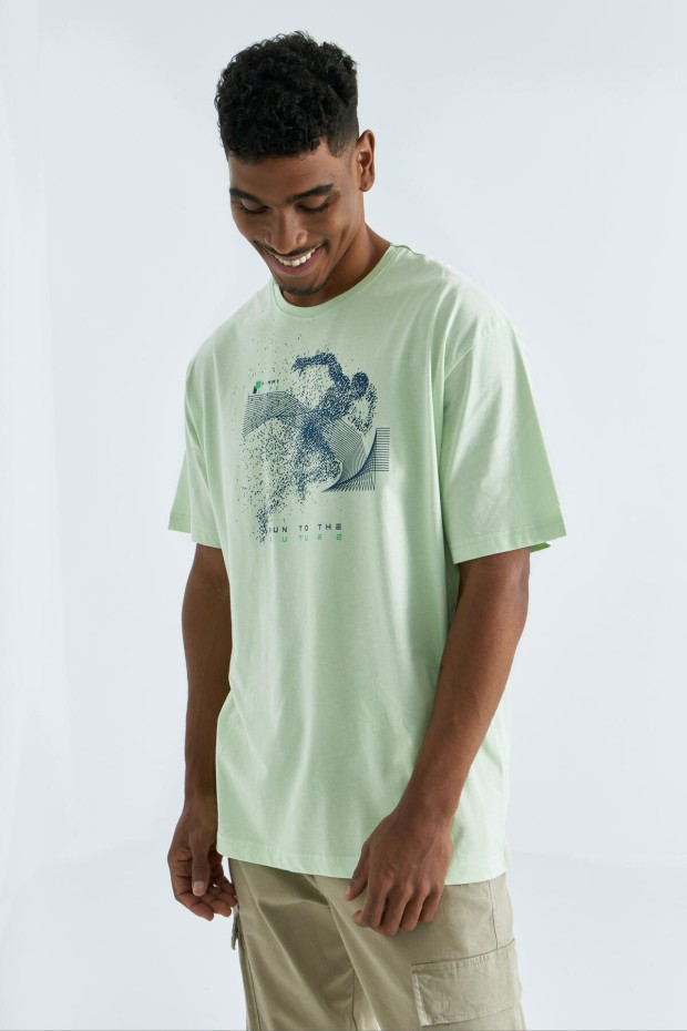Tommy Life Açık Yeşil Baskı Detaylı O Yaka Erkek Oversize T-Shirt - 88093. 7