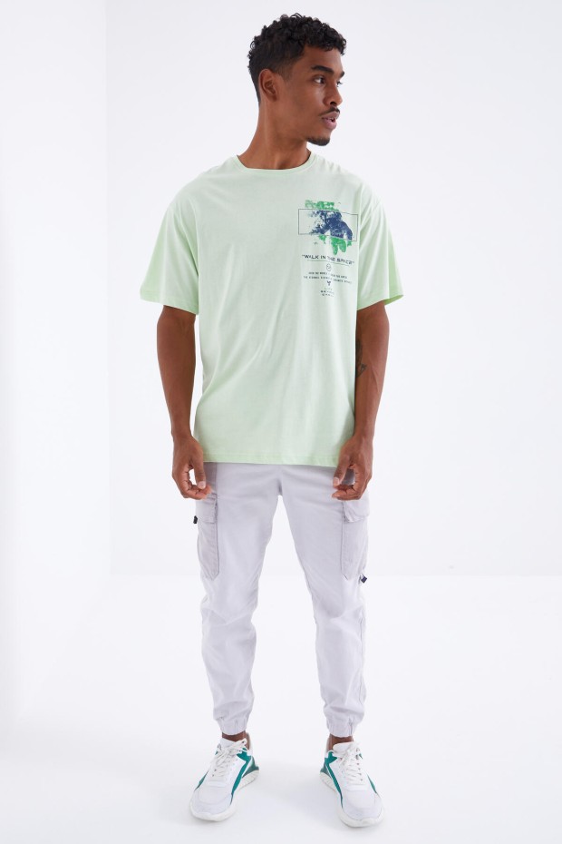 Tommy Life Açık Yeşil Baskı Detaylı O Yaka Erkek Oversize T-Shirt - 88099. 1