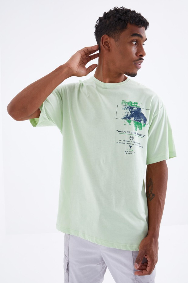 Tommy Life Açık Yeşil Baskı Detaylı O Yaka Erkek Oversize T-Shirt - 88099. 5
