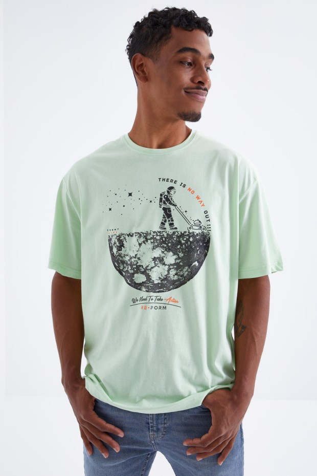 Tommy Life Açık Yeşil Baskılı O Yaka Erkek Oversize T-Shirt - 88098. 3