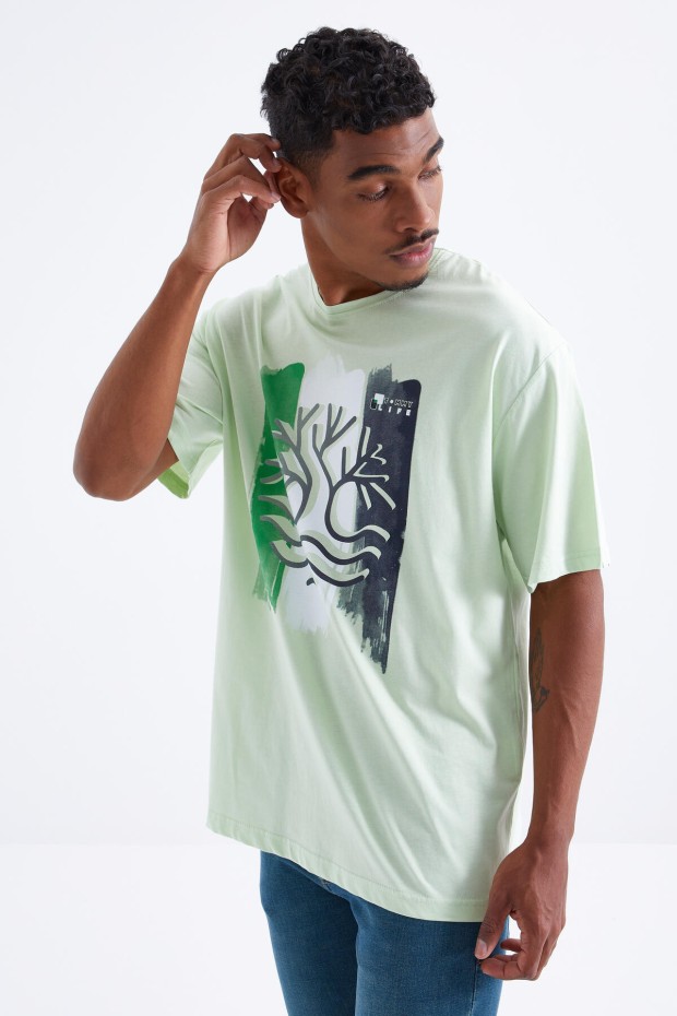 Tommy Life Açık Yeşil Büyük Baskılı O Yaka Erkek Oversize T-Shirt - 88095. 1