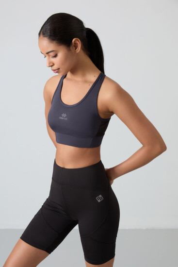 Antrasit Çapraz Sırt Detaylı Slim Fit U Yaka Pedli Kadın Spor Büstiyer - 97121 