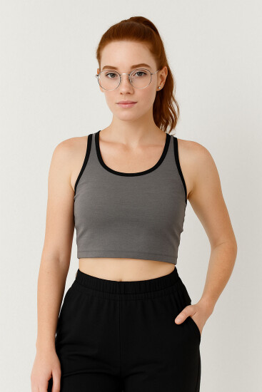 Antrasit Melanj Basic Sıfır Kol Dar Kalıp U Yaka Kadın Crop Top Atlet - 97162 