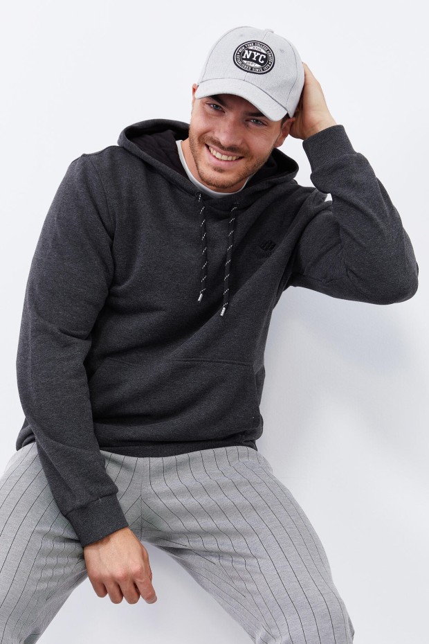 Antrasit Melanj Kanguru Cep Standart Kalıp Kapüşonlu Erkek Sweatshirt - 87872 - 1