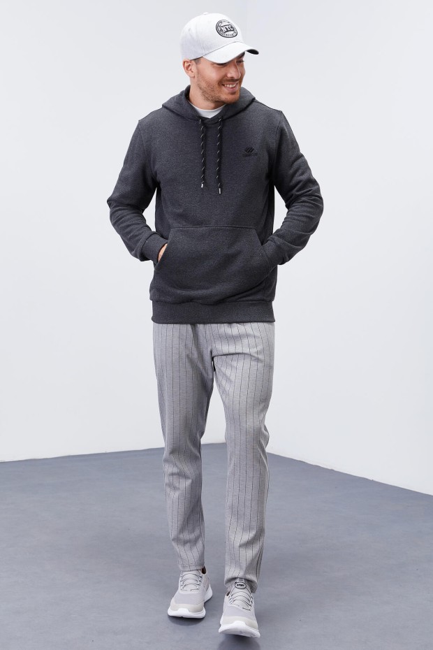 Antrasit Melanj Kanguru Cep Standart Kalıp Kapüşonlu Erkek Sweatshirt - 87872 - 2