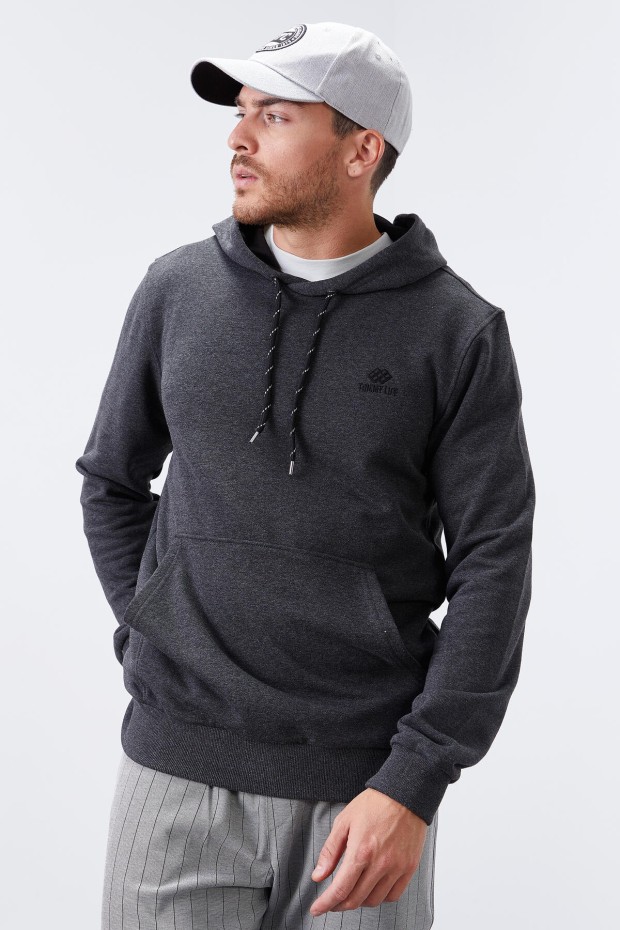 Antrasit Melanj Kanguru Cep Standart Kalıp Kapüşonlu Erkek Sweatshirt - 87872 - 3