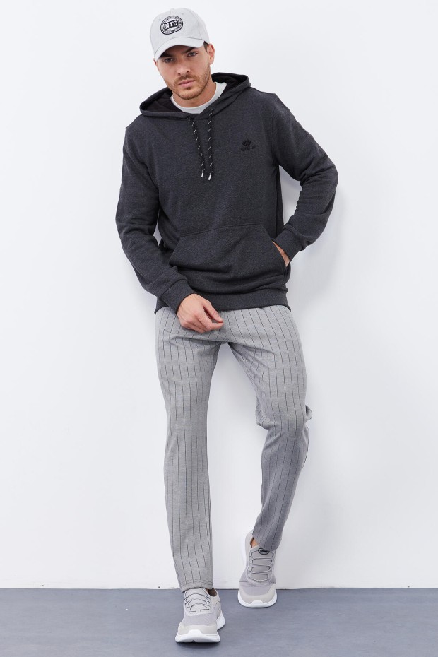 Antrasit Melanj Kanguru Cep Standart Kalıp Kapüşonlu Erkek Sweatshirt - 87872 - 4