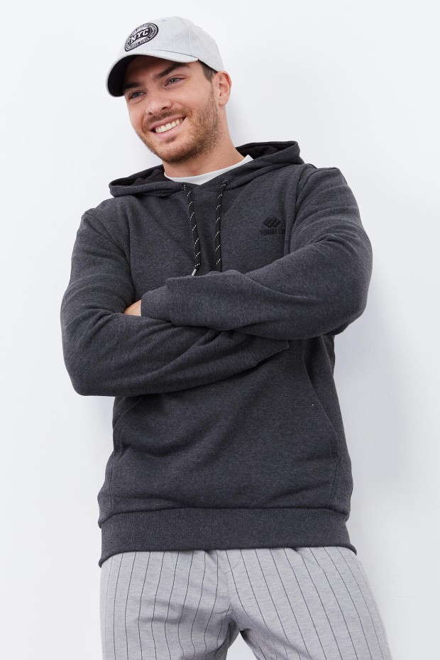 Antrasit Melanj Kanguru Cep Standart Kalıp Kapüşonlu Erkek Sweatshirt - 87872 - 5