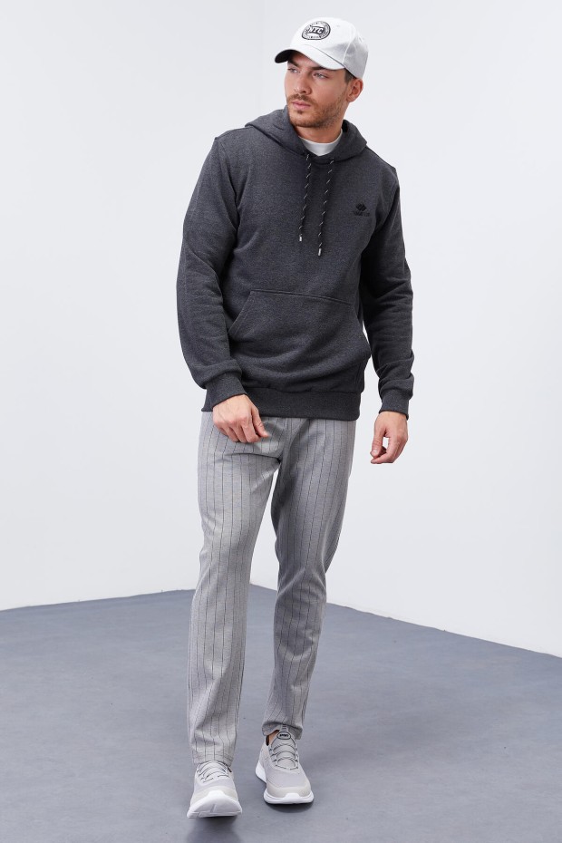Antrasit Melanj Kanguru Cep Standart Kalıp Kapüşonlu Erkek Sweatshirt - 87872 - 6
