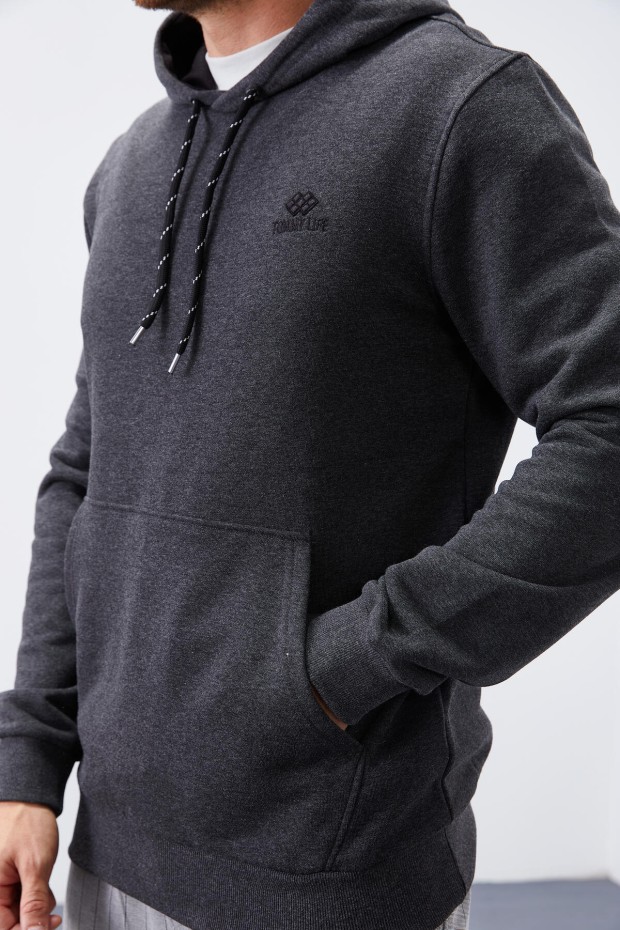 Antrasit Melanj Kanguru Cep Standart Kalıp Kapüşonlu Erkek Sweatshirt - 87872 - 7