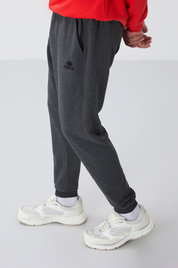 Antrasit Melanj Klasik Cepli Standart Kalıp Manşetli Erkek Eşofman Alt - 84652 - 3