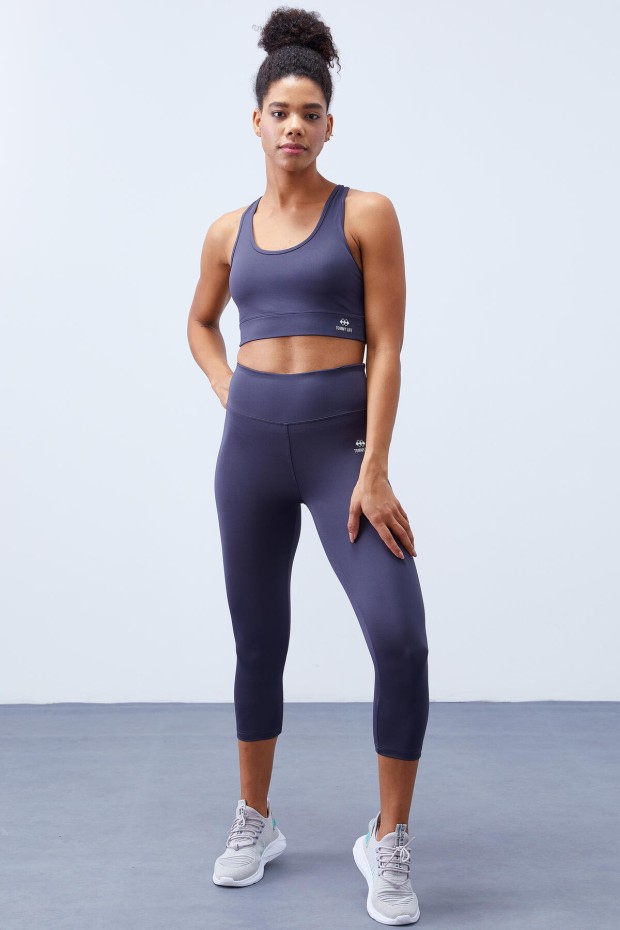 Antrasit Yüksek Bel Toparlayıcı Çapraz Sırt Detaylı Slim Fit Kadın Tayt Takım - 95283 - 3